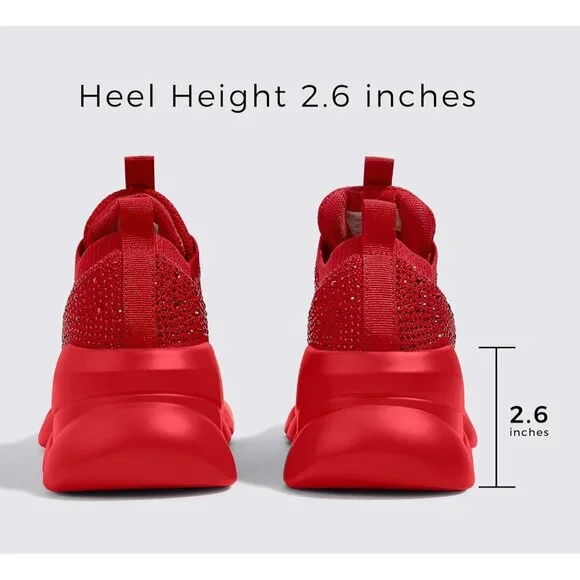 Lucky Step Women's Red Rhinestone Sneaker Chunky Sparkly Bling Mesh Slip on - Picture 5 of 9